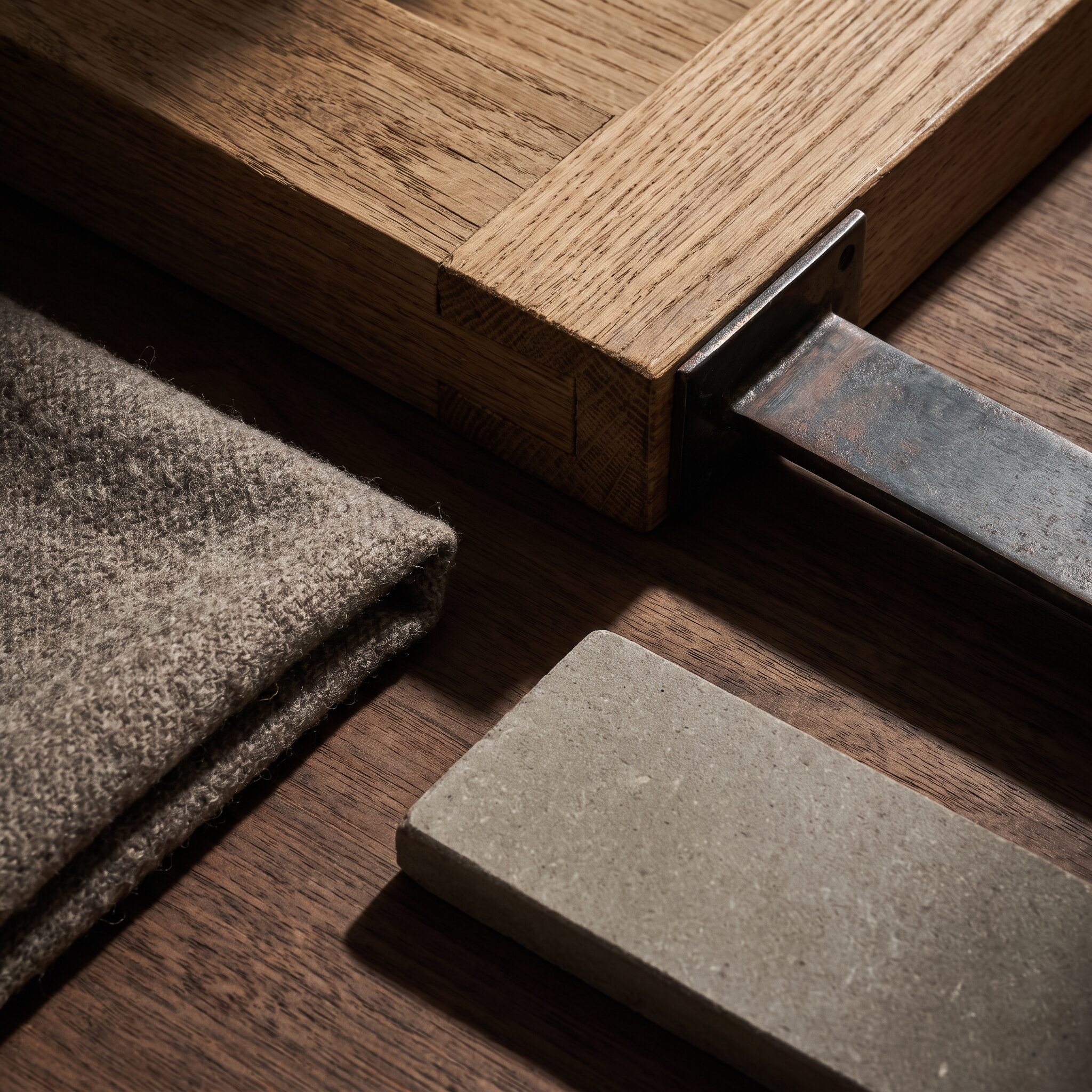 Macro study of oak joinery with darkened steel hardware, warm grey wool and honed stone