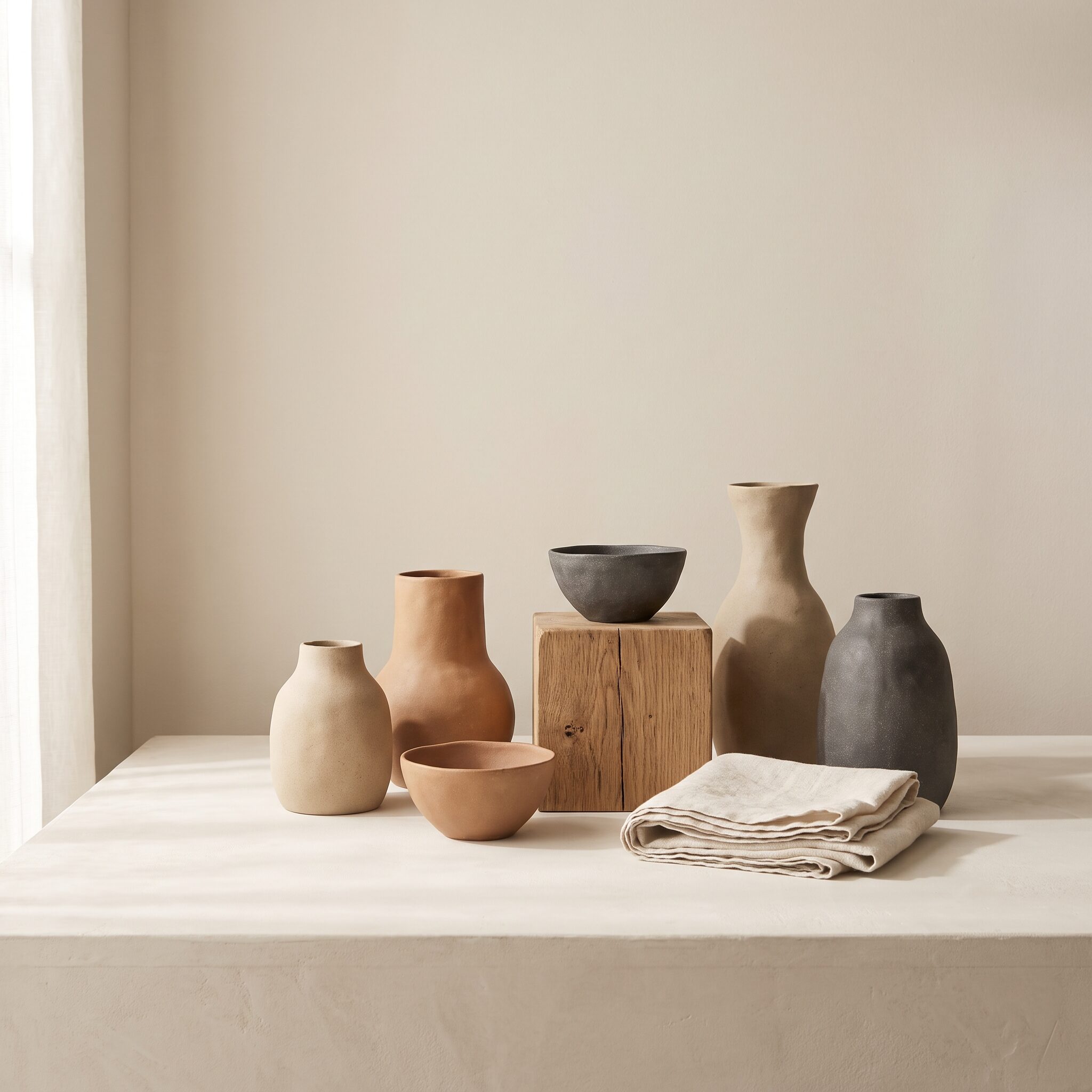 Ceramic vessels in stone, sand and terracotta tones with oak and linen