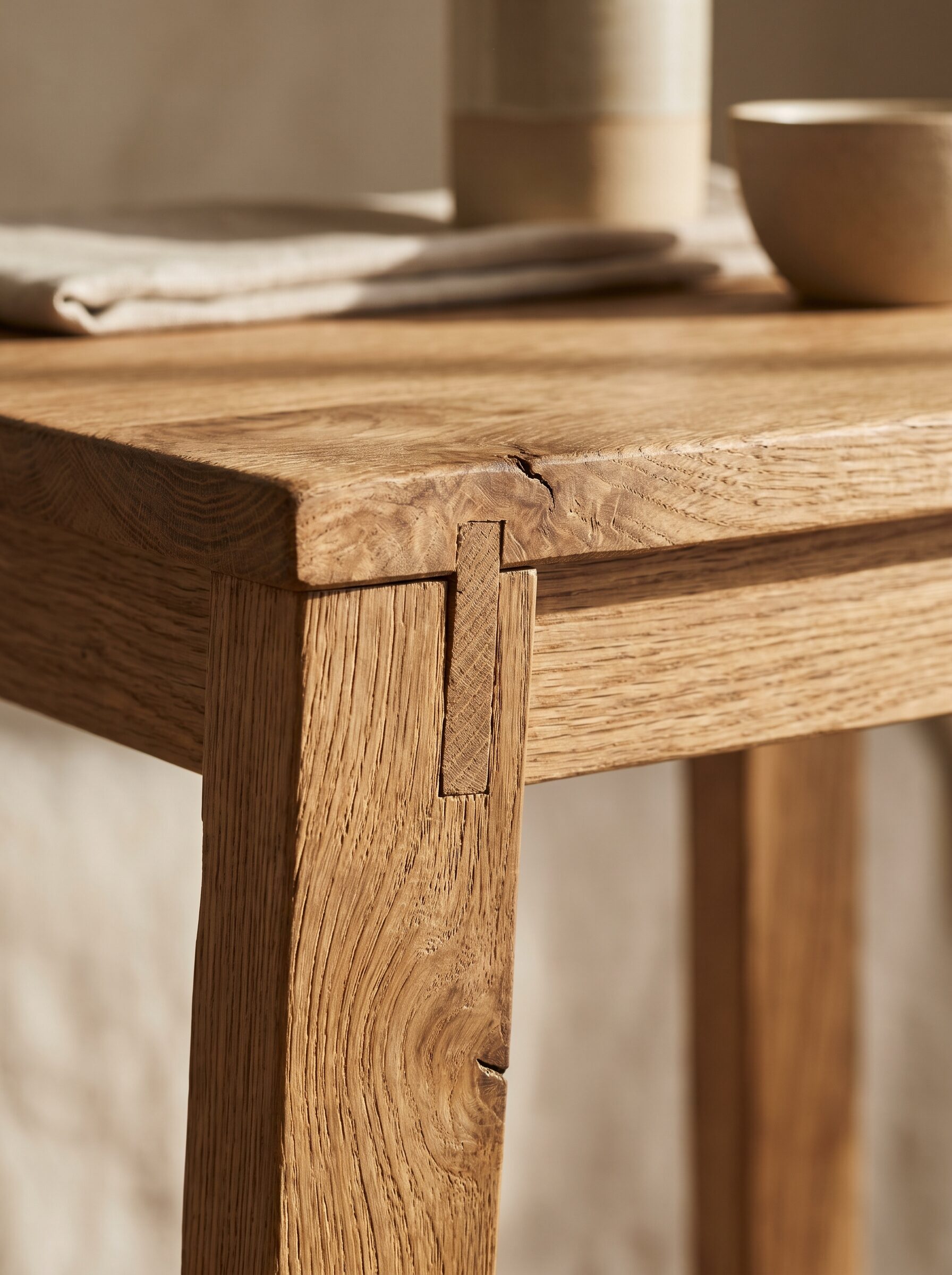 Close study of oak wood joinery and grain on a handcrafted stool