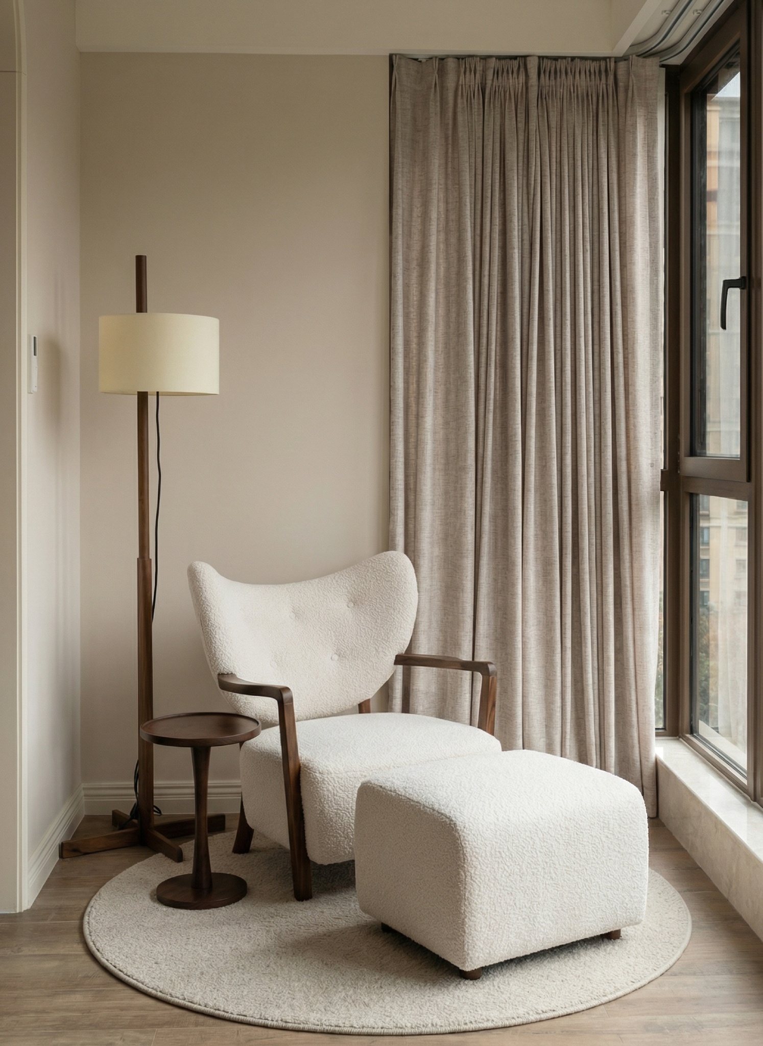 Reading corner with a cream boucle armchair and ottoman, floor lamp, side table and a window with curtains
