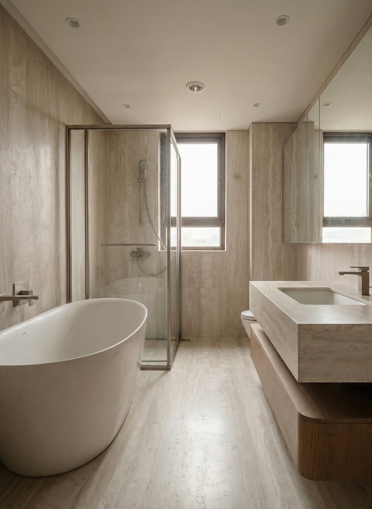 Main bathroom in beige travertine with a freestanding bath, stone vanity and bronze fixtures
